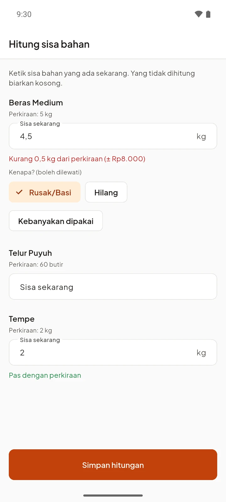 Tangkapan layar: Hitung sisa